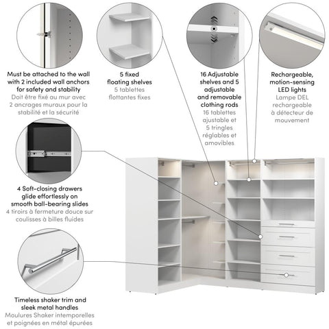 Système de rangement modulaire en L pour garde-robe walk-in avec lampes DEL, tringles, tablettes et tiroirs 105L x 61P, style Shaker