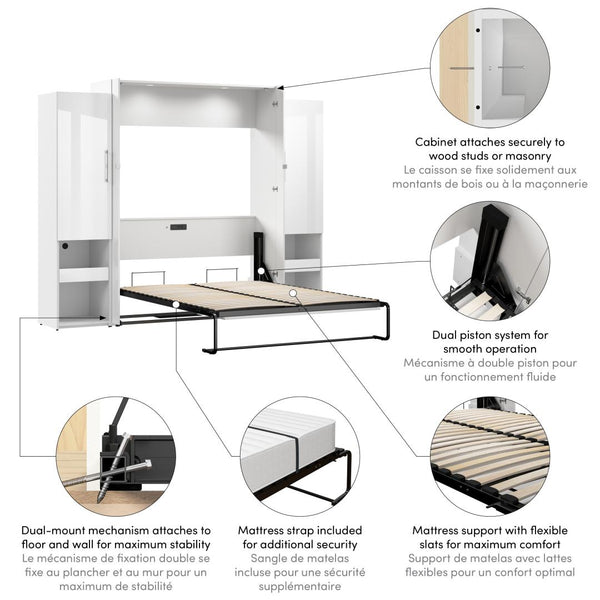 Grand lit escamotable double et armoires avec tablette coulissante (107L)