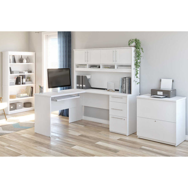 Bureau en L 60L avec huche, classeur latéral et bibliothèque