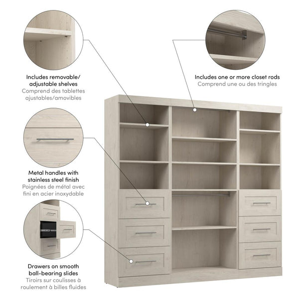 Contemporary Closet System with Shelves, Drawers & Clothing Rods, 86W x 19D