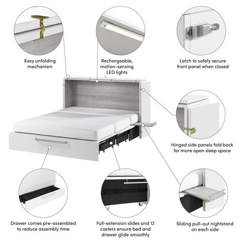 63W Queen Murphy Cabinet Bed with Pullout Drawer and Mattress