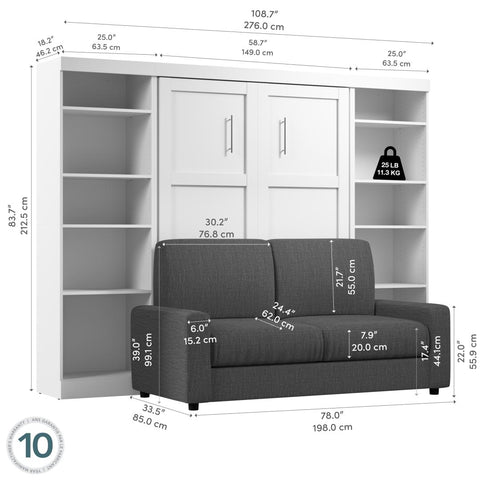 Lit escamotable double avec canapé et étagères (109L)