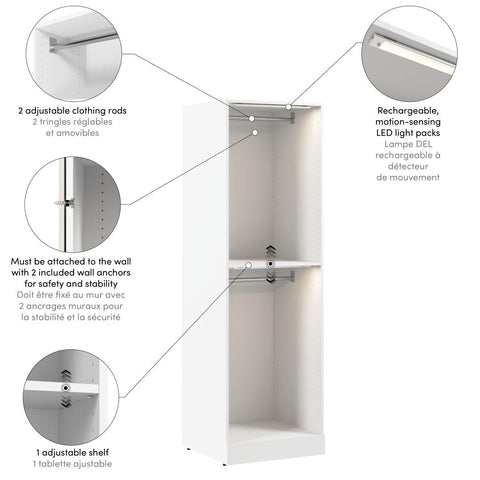 Organisateur de garde-robe modulaire à deux tringles avec lampes DEL 25L x 25P
