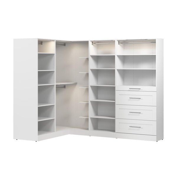 Système de rangement modulaire en L pour garde-robe walk-in avec lampes DEL, tringles, tablettes et tiroirs 105L x 61P, style Shaker