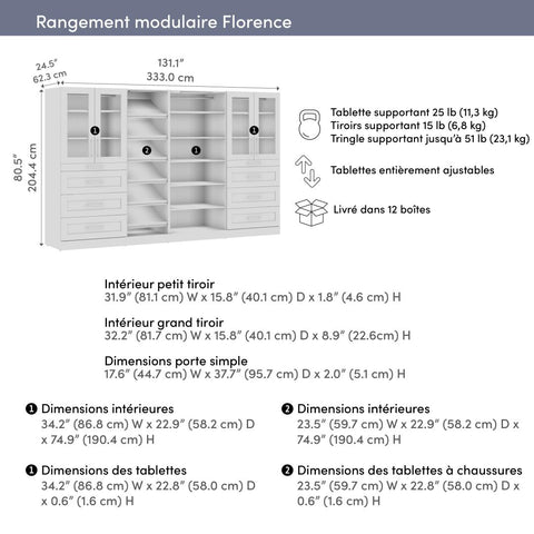 Système de rangement modulaire pour garde-robe walk-in avec lampes DEL, portes, tiroirs et tablettes à chaussures 132L x 25P, style Shaker