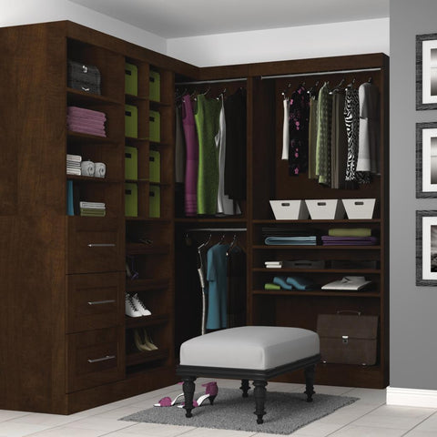 Contemporary Closet System with Shelves, Drawers, Shoe Racks, Clothing Rods & Cubbies, 83W X 68D