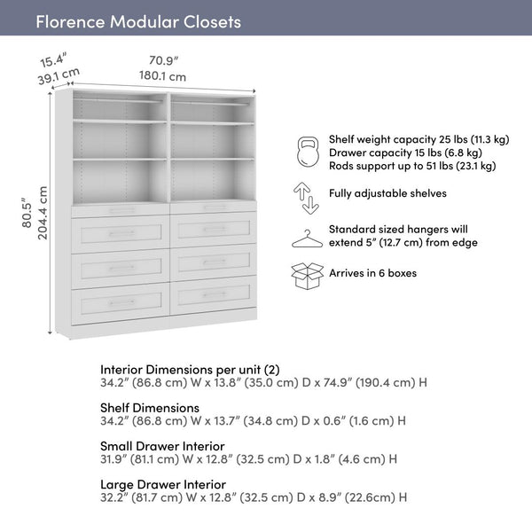 Système de rangement modulaire pour garde-robe walk-in ou placard avec tablettes et tiroirs 71L x 16P, style Shaker