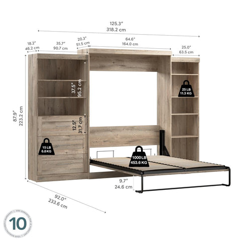 Queen Murphy Bed with Shelving and Drawers (126W)