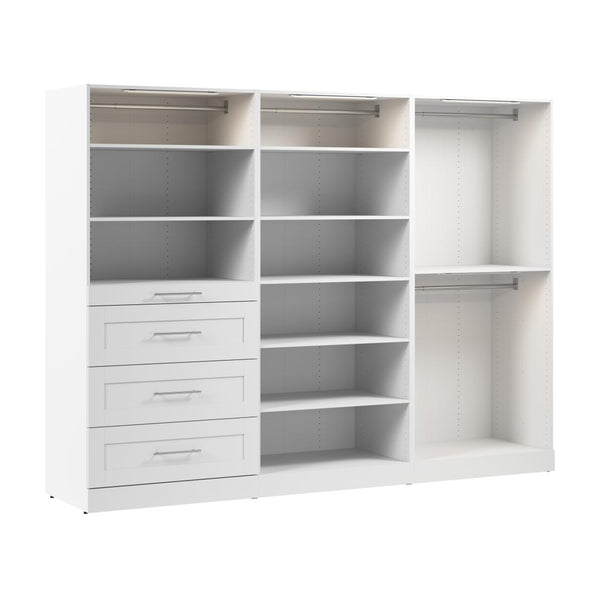 Système de rangement modulaire pour garde-robe walk-in avec lampes DEL, tringles, tablettes et tiroirs 107L x 25P, style Shaker