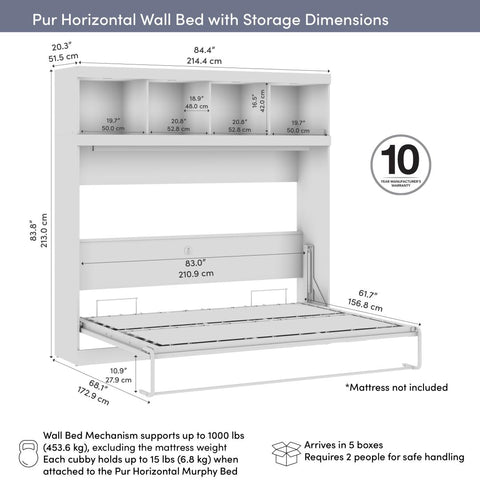 85W Queen Horizontal Murphy Bed with Overhead Storage