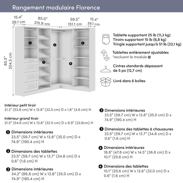 Système de rangement modulaire en L pour garde-robe walk-in avec tringles, tiroirs et tablettes à chaussures 85L x 60P, style Shaker