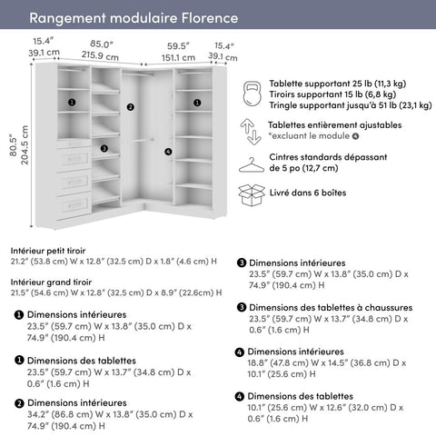 Système de rangement modulaire en L pour garde-robe walk-in avec tringles, tiroirs et tablettes à chaussures 85L x 60P, style Shaker