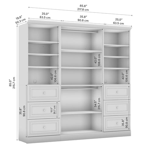 Traditional Closet System with Shelves, Drawers & Clothing Rods, 86W x 20D