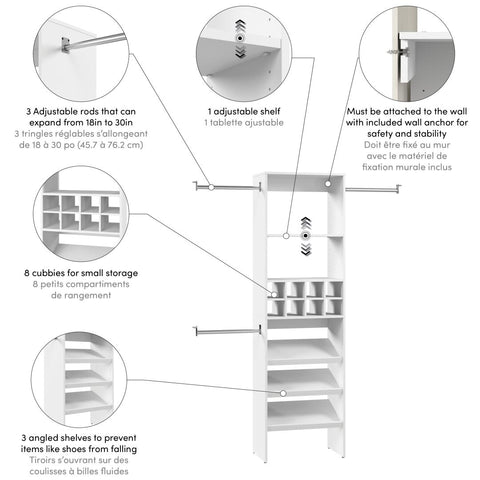 Organisateur de garde-robe 24L avec tablettes à chaussures, tringles et compartiments