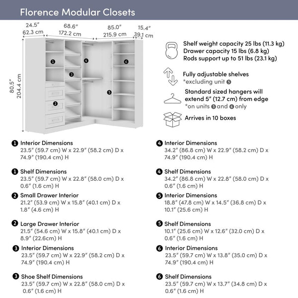 Système de rangement modulaire en L pour garde-robe walk-in avec lampes DEL, tringles, tiroirs et tablettes à chaussures 85L x 69P, style Shaker
