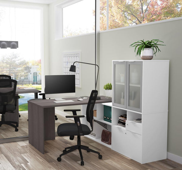 Bureau en L 72L avec huche à portes en verre dépoli