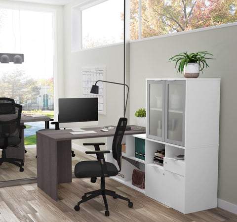 Bureau en L 72L avec huche à portes en verre dépoli