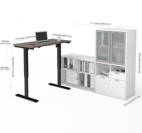 Bureau assis-debout en L 72L et huche avec portes en verre dépoli