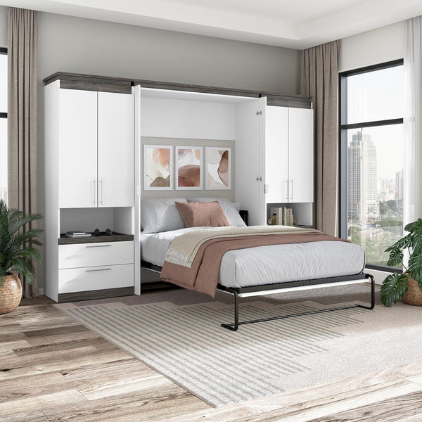 Lit escamotable double avec armoires et tablettes coulissantes (120L)