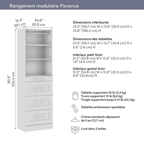 Organisateur de garde-robe modulaire pour walk-in ou placard avec tablettes et 4 tiroirs 25L x 16P, style Shaker