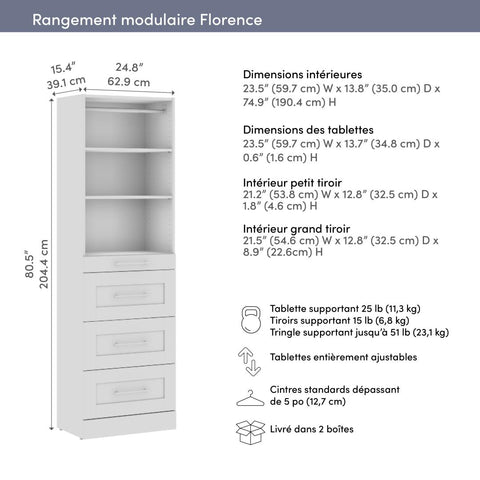 Organisateur de garde-robe modulaire pour walk-in ou placard avec tablettes et 4 tiroirs 25L x 16P, style Shaker