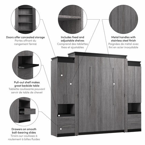 Queen Murphy Bed with Storage Cabinets and Pull-Out Shelves (106W)