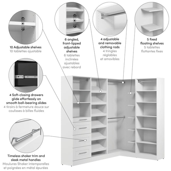 Système de rangement modulaire en L pour garde-robe walk-in avec tringles, tiroirs et tablettes à chaussures 85L x 60P, style Shaker