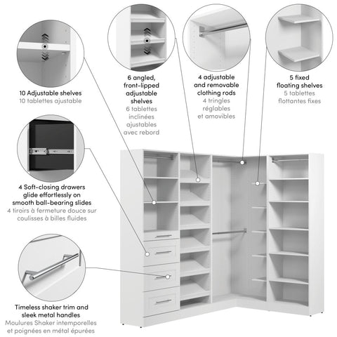Système de rangement modulaire en L pour garde-robe walk-in avec tringles, tiroirs et tablettes à chaussures 85L x 60P, style Shaker