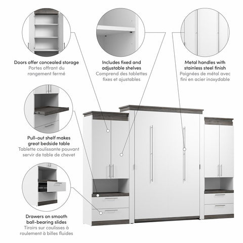 Grand lit escamotable avec armoires et tablettes coulissantes (126L)