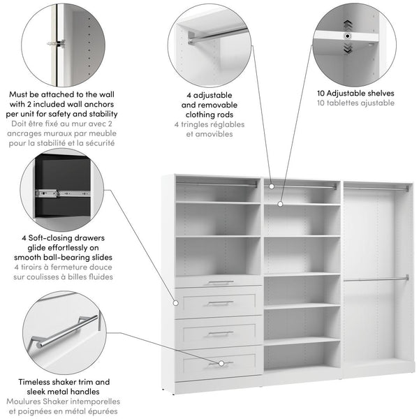 Système de rangement modulaire pour garde-robe walk-in avec tringles, tablettes et tiroirs 107L x 16P, style Shaker