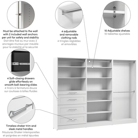 Système de rangement modulaire pour garde-robe walk-in avec tringles, tablettes et tiroirs 107L x 16P, style Shaker