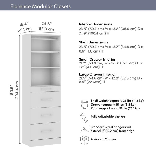 Modular Closet System with Shelves, Drawers & Clothing Rod, Slab Style, 25W x 16D