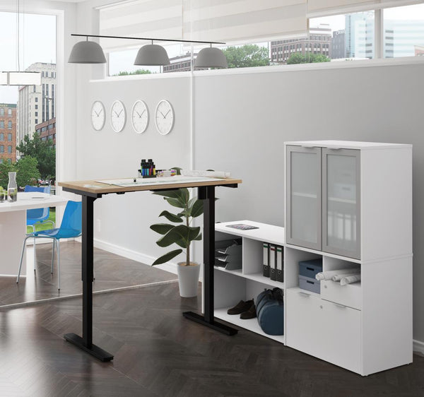 72W L-Shaped Standing Desk and Hutch with Frosted Glass Doors