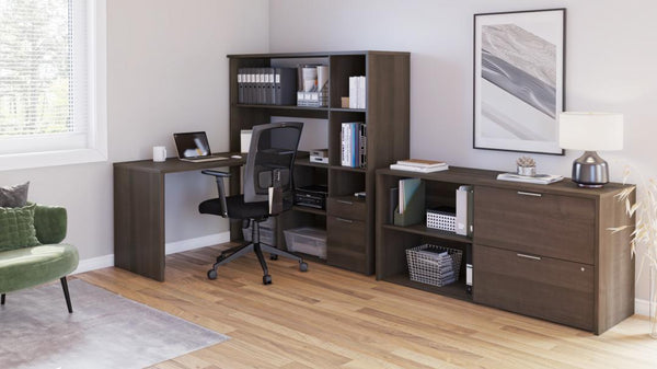 60W L-Shaped Desk with Hutch, Lateral File Cabinet, and Small Shelving Unit
