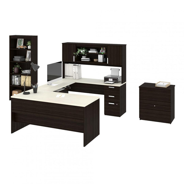 65W U-Shaped Desk with Hutch, Lateral File Cabinet, and Bookcase