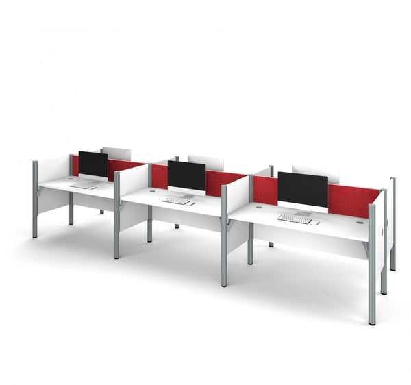 6-Person Office Cubicles with Red Tack Boards and Low Privacy Panels
