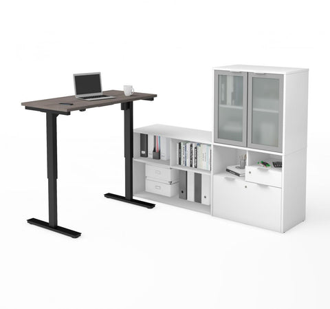 72W L-Shaped Standing Desk and Hutch with Frosted Glass Doors