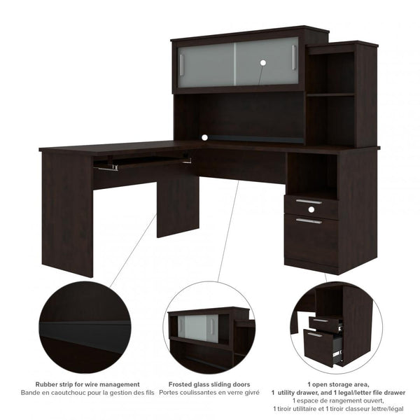 65W L-Shaped Desk with Hutch, Lateral File Cabinet, and Bookcase