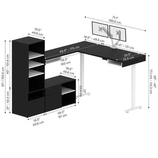 Two 72W L-Shaped Standing Desks with Dual Monitor Arms and Storage
