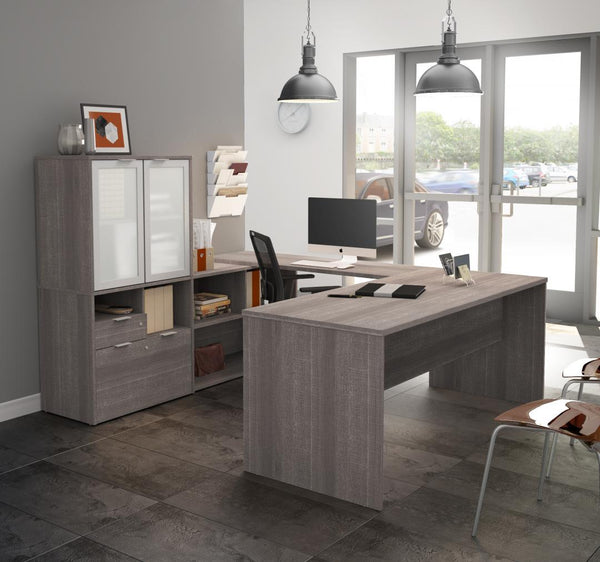 72W U-Shaped Executive Desk with Frosted Glass Doors Hutch