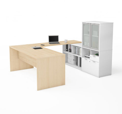 72W U-Shaped Executive Desk with Frosted Glass Doors Hutch