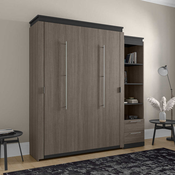 Queen Murphy Bed and Narrow Shelving Unit with Drawers (85W)