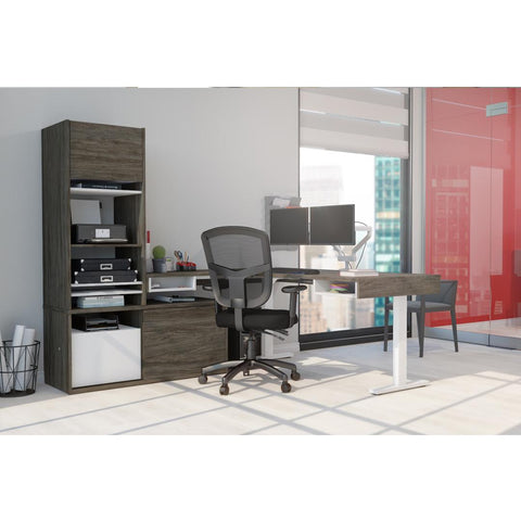 81W L-Shaped Standing Desk with Dual Monitor Arm, Credenza, and Hutch