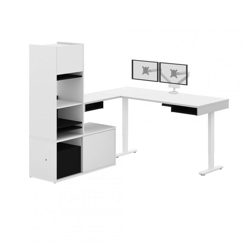 81W L-Shaped Standing Desk with Dual Monitor Arm, Credenza, and Hutch