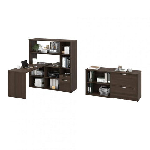 60W L-Shaped Desk with Hutch, Lateral File Cabinet, and Small Shelving Unit