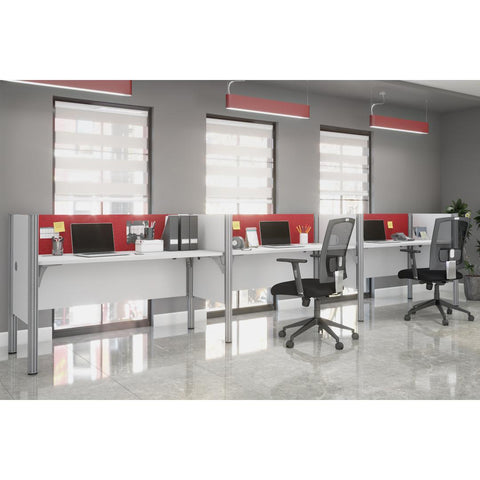 3-Person Office Cubicles with Red Tack Boards and Low Privacy Panels