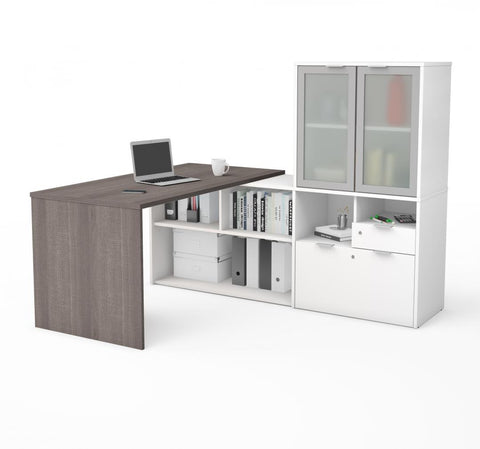 72W L-Shaped Desk with Frosted Glass Door Hutch