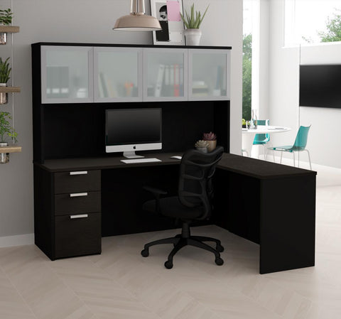 72W L-Shaped Desk with Pedestal and Frosted Glass Doors Hutch