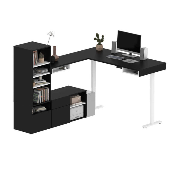 Two 72W L-Shaped Standing Desks with Credenza and Shelving Unit