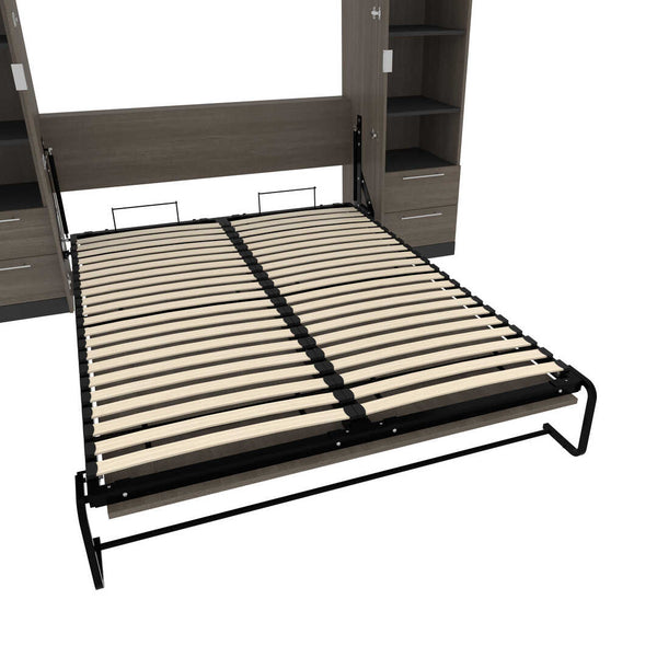 Grand lit escamotable avec armoires et tablettes coulissantes (126L)